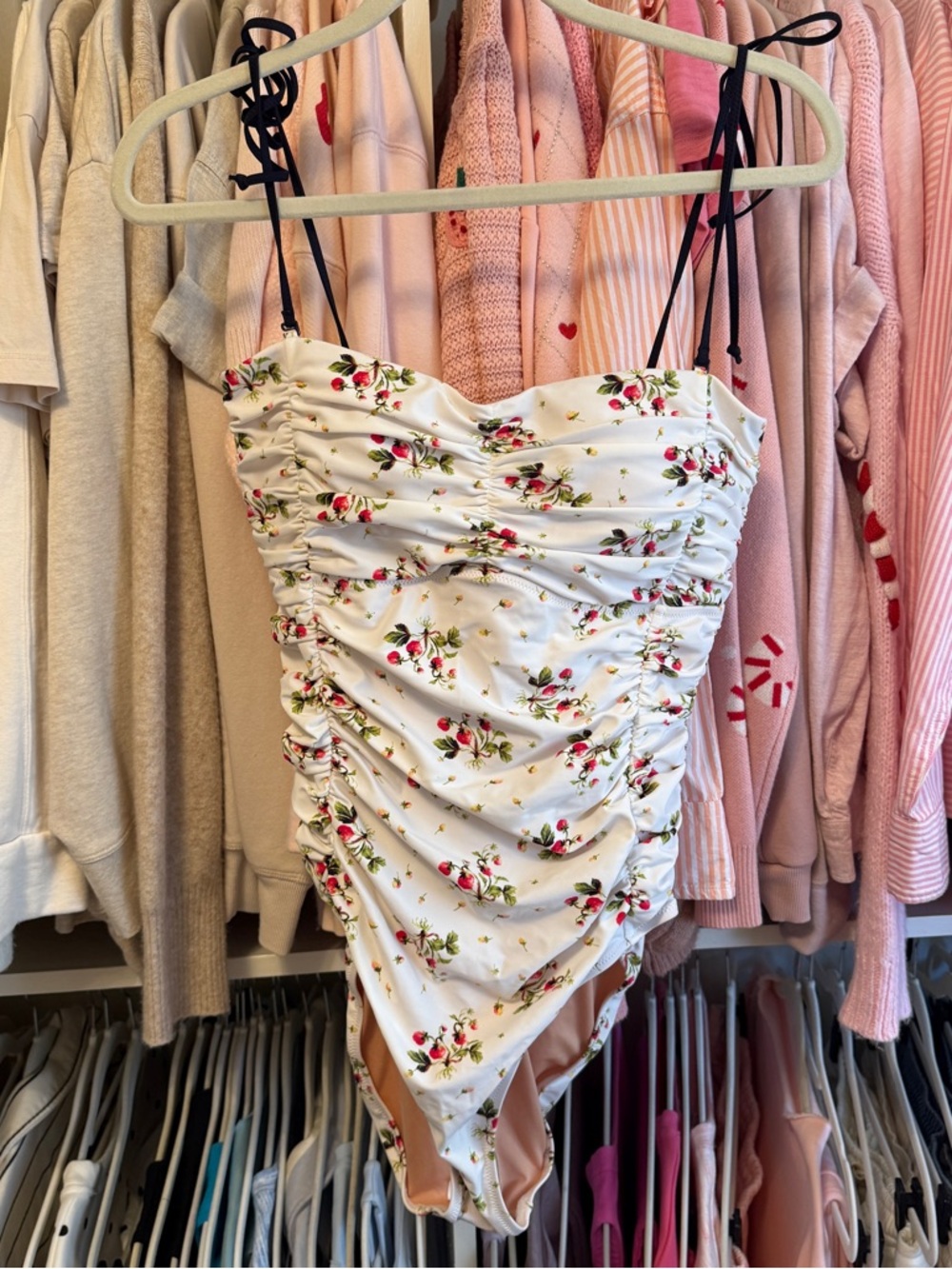 J. Crew White Strawberry Print Ruched One-Piece Swimsuit with Ties - Picture 2 of 4